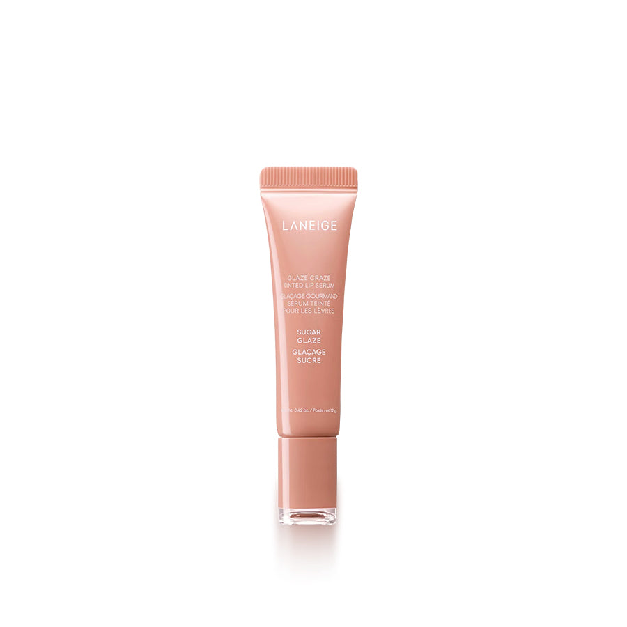 LANEIGE Glaze Craze Tinted Lip Serum Sugar Glaze (12g) product image showing a glossy tinted lip serum tube with a sleek, modern design, highlighting its hydrating and shiny finish for soft, plump lips.