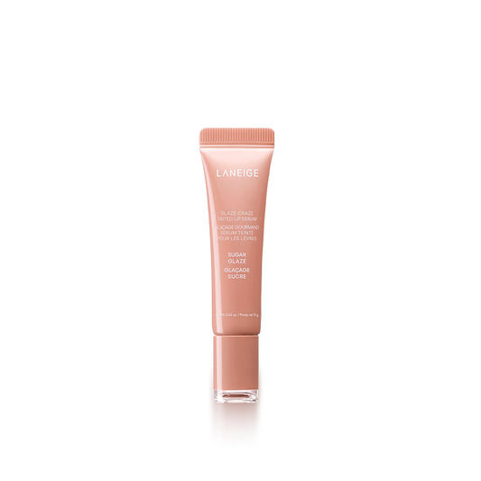 LANEIGE Glaze Craze Tinted Lip Serum Sugar Glaze (12g) product image showing a glossy tinted lip serum tube with a sleek, modern design, highlighting its hydrating and shiny finish for soft, plump lips.